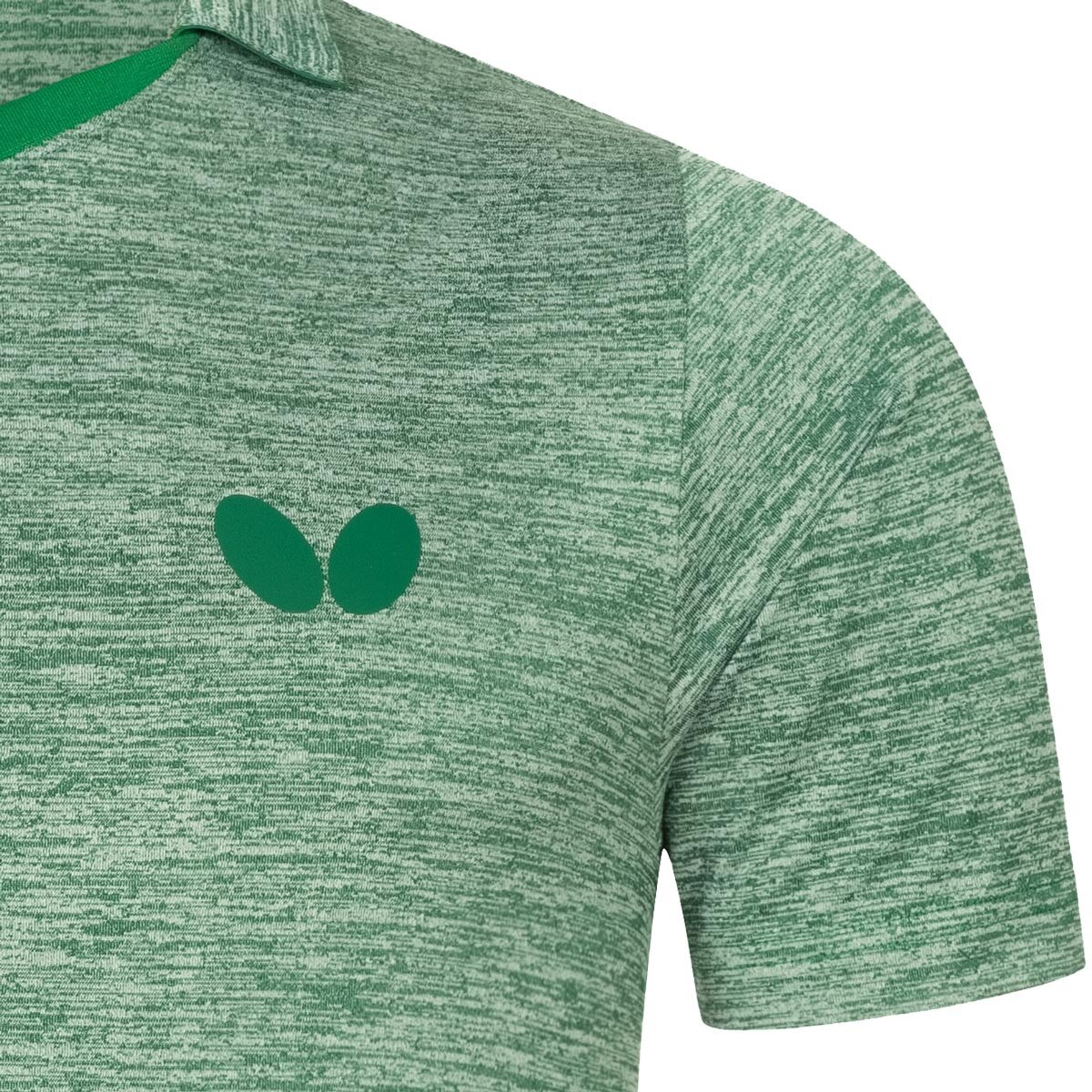 Butterfly Izumo Shirt: Close-up of Left Chest Butterfly Logo of Green Shirt